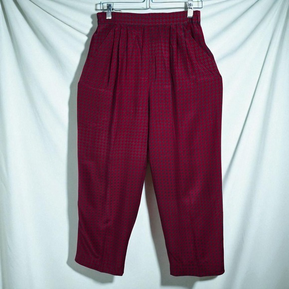 Vintage Talbots Silk Pants Woman 6 Maroon Geometric Print Pockets Cropped 90s‎ - Picture 1 of 8